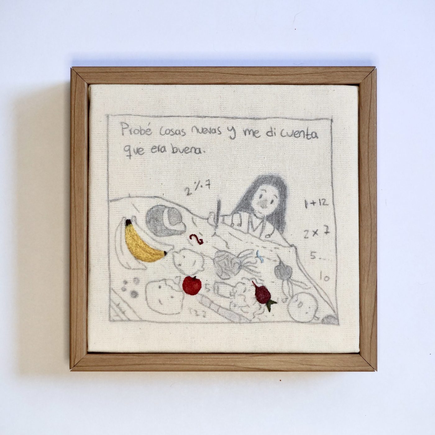 Colectivo Zakar, 01. Comparación (8), 2026. Tinta, grafito y bordado a mano sobre tela, 15 × 15 cm